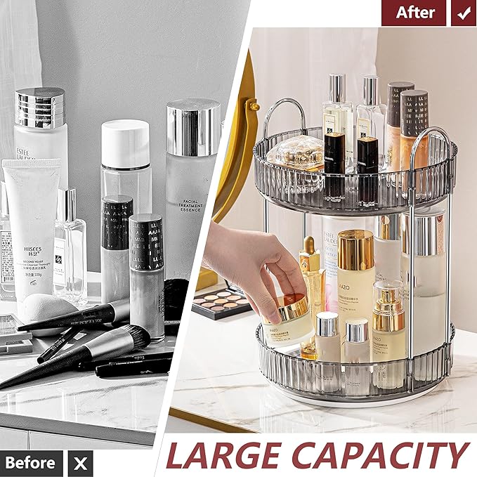 360° Rotating Makeup Organizer, Bathroom Make Up Spinning Holder Rack, Large Capacity Cosmetics Storage Vanity Shelf Countertop, Fits Cosmetics, Perfume, Skincare, Lipsticks(2 Tiers, Gray)