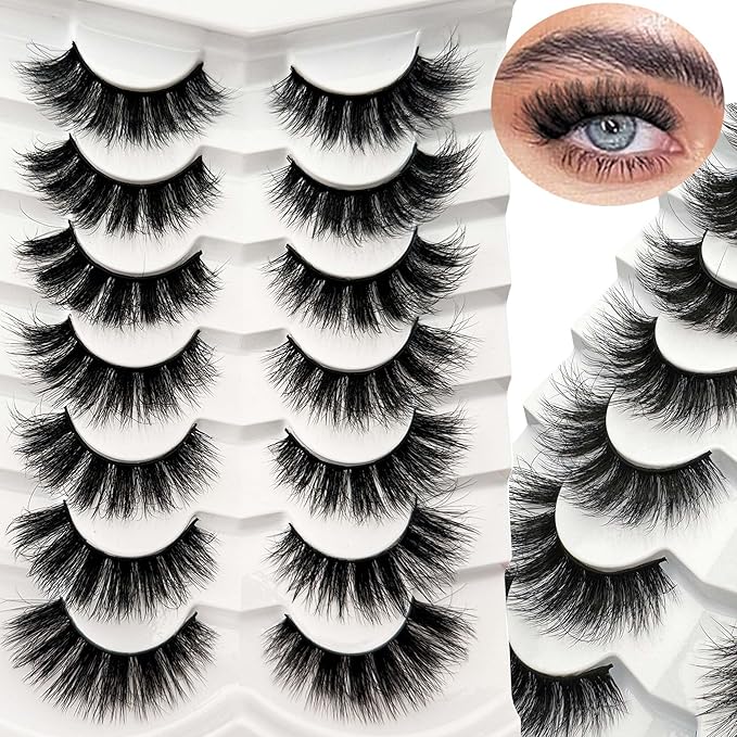 NINGLASH Lashes Strips Cat Eye Fluffy False Eyelashes 18mm Lash Pack Full Wispy Lashes 9D Volume Curly Fake Eyelash 7 Pairs Thick Faux Mink Lashes Multipack