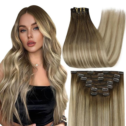 Full Shine Clip in Hair Extensions Balayage Clip in Extensions Blonde Clip in Human Hair Double Weft Clip in Human Hair Extensions Color 3 Fading to 8 And 22 Blonde 7Pcs 24 Inch