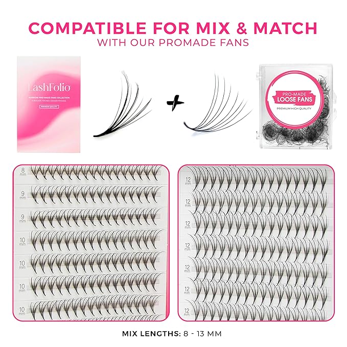 LLBA LashFolio Triple Spike Promade Fans | Handmade Volume Eyelash | Multi Selections From 5D To 10D | C CC D Curl | 0.03~0.07 mm | 8-13mm Length | Long Lasting | Easy Application (7D-0.03 CC 8-13mm)