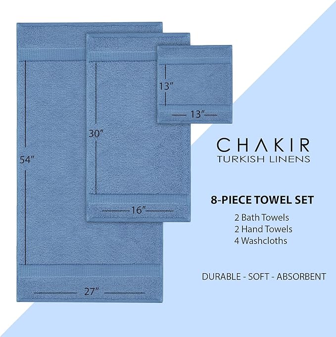 Chakir Turkish Linens Premium Cotton Absorbent Turkish Towels (8-Piece Towel Set, Wedgewood)
