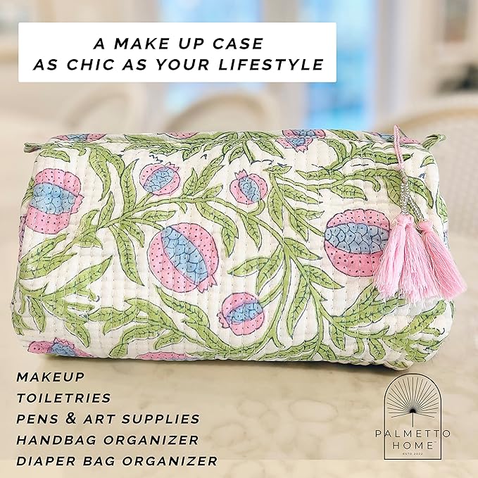 Block Print Designer Toiletry Bag & Makeup Case - Boho Floral Quilted Pouch for Cosmetics