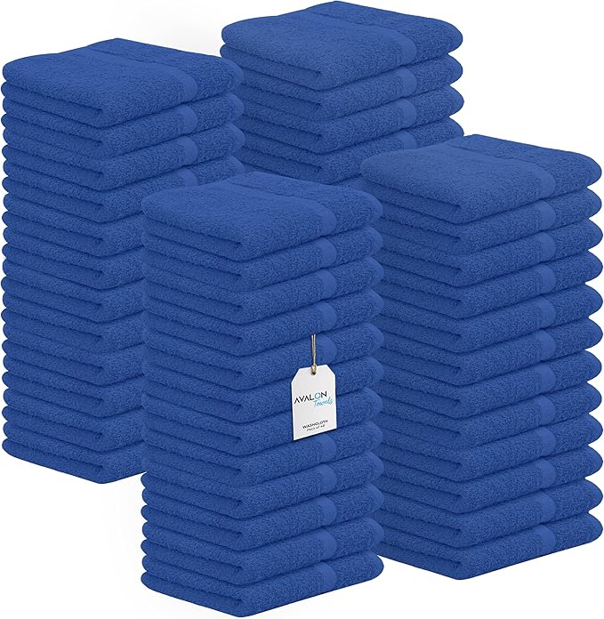 Avalon Towels Cotton Washcloths – (Pack of 48) Size 12x12 Inches, 100% Ring Spun Cotton, Soft & Absorbent Face Towels, Gym Towels, Hotel and Spa Quality, Reusable Fingertip Towels (Blue)