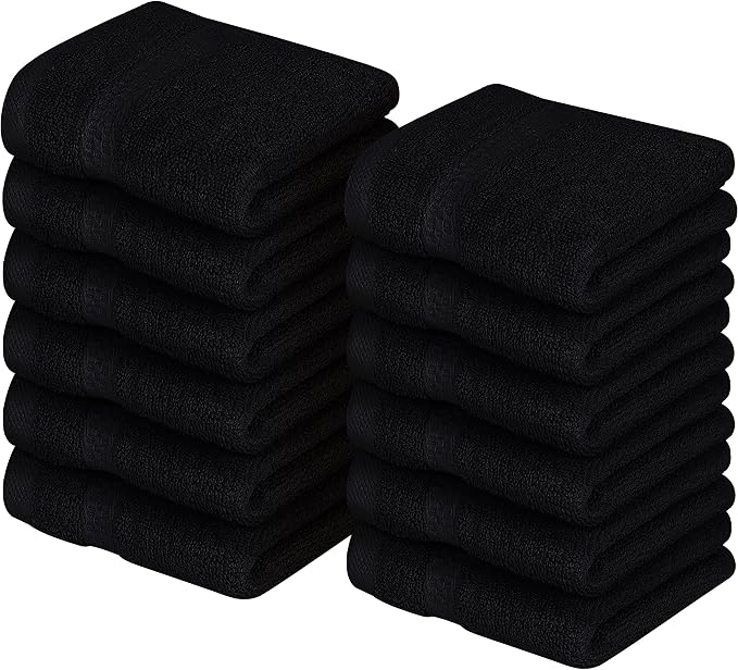 Utopia Towels 12 Pack Premium Wash Cloths Set, 12 by 12 Inches, 100% Cotton Ring Spun, Highly Absorbent and Soft Feel Essential Washcloths for Bathroom, Spa, Gym, and Face, Black