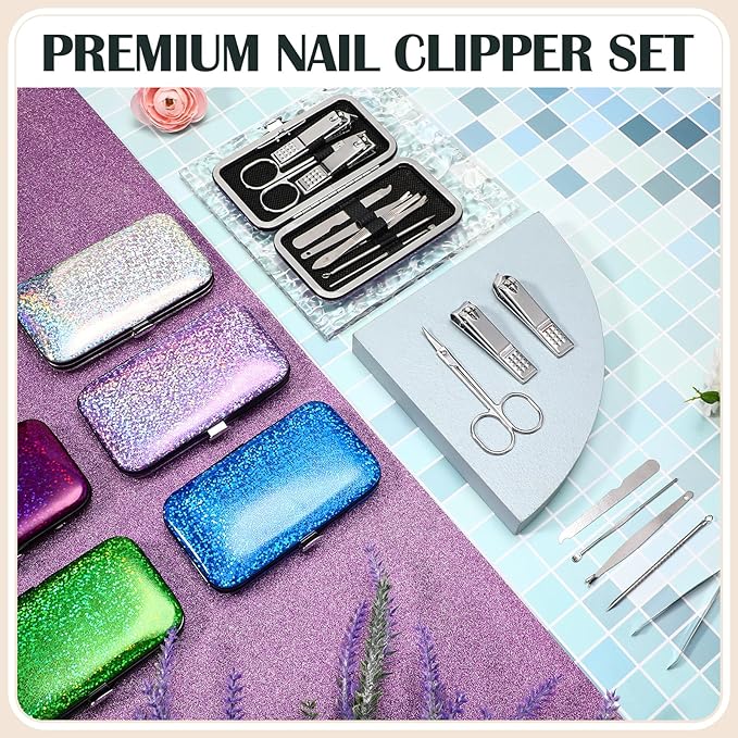 30 Sets Bulk Gifts for Women Manicure Set Bulk Professional Nail Care Kit Nail Clippers Kit 8 in 1 Stainless Steel Pedicure Set with Travel Case for Women Men(Bright Glitter)