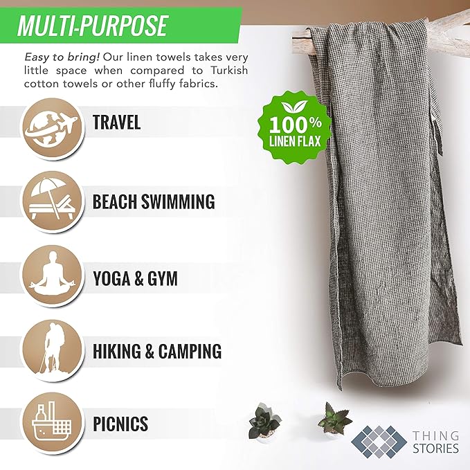 100% Linen Throw Blanket - Extra Large Bath Towel 60x80-inch Black-Natural Waffle Flax Linen Blanket Bed Throw Lightweight Absorbent Thin Oversized Bath Sheets Towels for Adults Quick-Drying XL