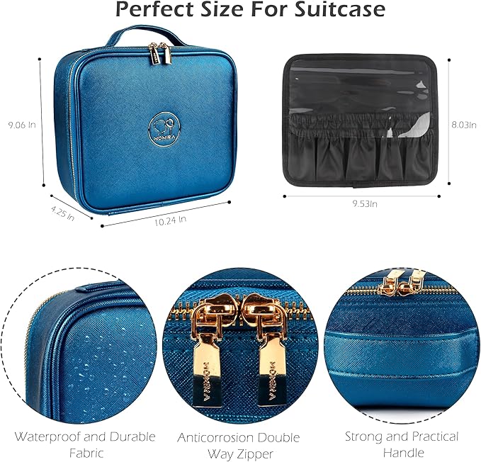 MOMIRA Travel Makeup Bag Cosmetic Bag Makeup Organizer Bag with Lighted Mirror, Adjustable Brightness in 3 Color Scenarios, Waterproof Makeup Train Case, Gift for Women - Phantom Blue