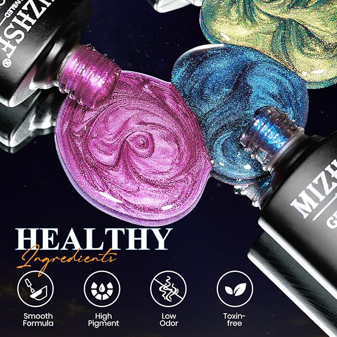 MIZHSE 9D Cat Eye Gel Nail Polish Set, Magnetic Gel Polish 10ml 6 Colors with 2 Magnet Sticks, Chameleon Galaxy Shiny Magic Effect Cateye Nail Polish Soak off Nail Art Gift for Women