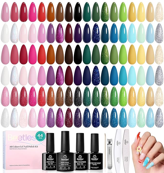 Beetles Gel Nail Polish Set, 44 PCS Red Brown Green Yellow Spring Summer Gel Polish Fairytale Town Collection 36 Colors with 4Pcs Base Top Coat