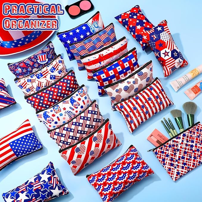24 Pieces Makeup Bags Bulk Canvas Cosmetic Bags Purse Organizer Zipper Cosmetic Pouch Portable Travel Toiletry Pouch for Women Men Gifts, 7 x 4 Inch (Patriotic)