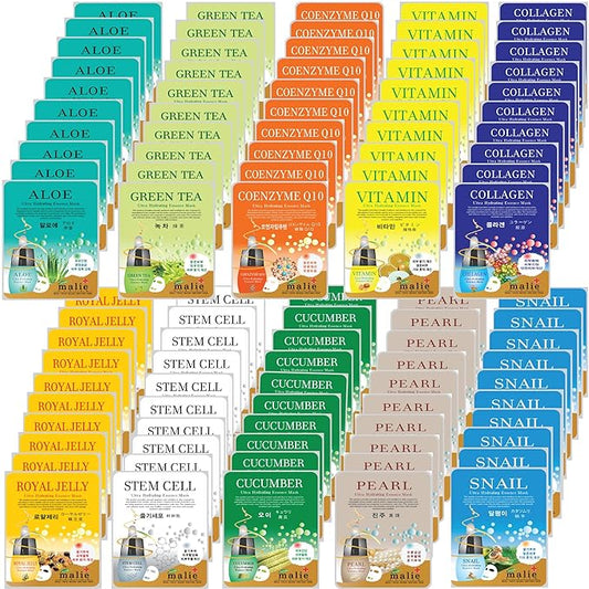 100 Pcs-Combo Ultra Hydraiting Essence Mask (10 types x 10 pcs), Korean Facial Mask Sheet, Skincare Moisturizing