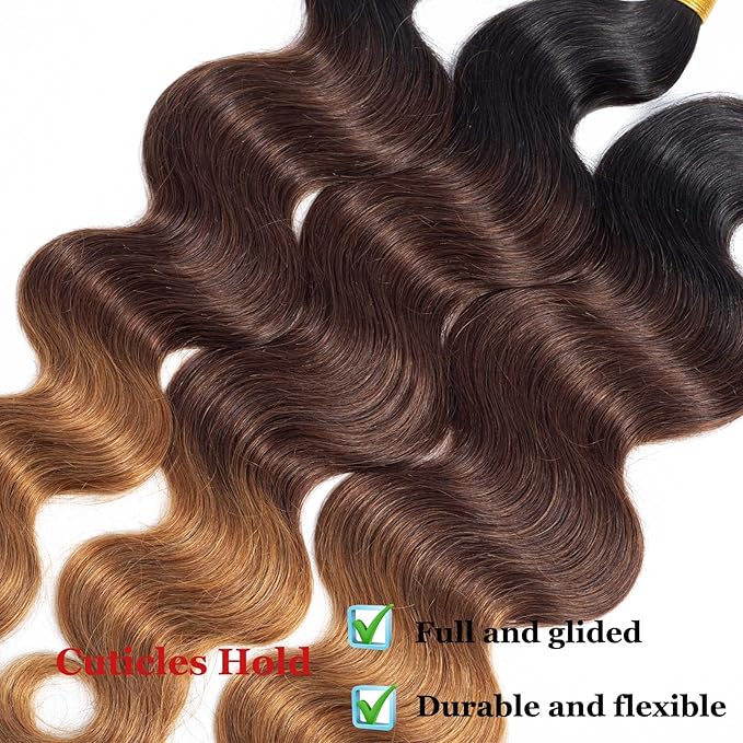 Ombre Body Wave Bundles Brazilian Virgin Human Hair Bundles Ombre Human Hair Extensions 3 Tone Mixed 1B/4/30 Color (14 16 18) Ombre Bundles Body Wave 3 Bundles