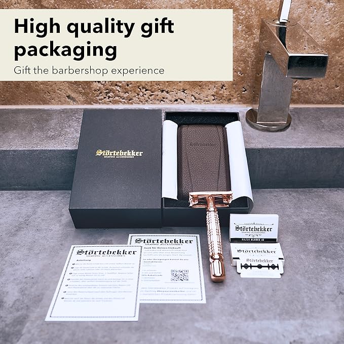 Störtebekker® Premium Men's Safety Razor ‘Hamburg’ - incl. handmade leather case with built-in mirror, 10 Störtebekker blades & shaving guide - First Class Wet Razor shaving set - Gift Idea for Men
