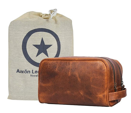 Aaron Leather Goods Leather Toiletry Bag for Men and Women Brown 10.5 Inch (Caramel)