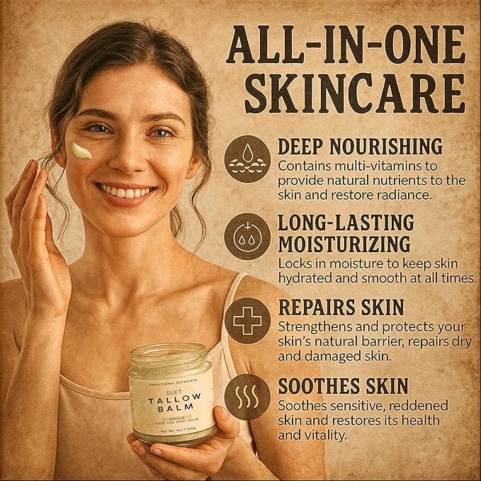 Suet Beef Tallow + Raw Honey Balm for Skin with Vanilla Essential Oil, Natural Grass Fed Tallow Moisturizer for Face and Body (2oz)