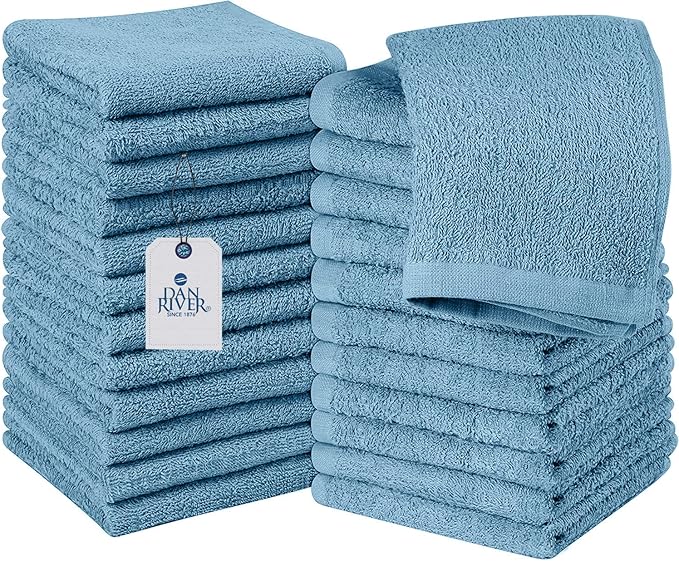 DAN RIVER 100% Cotton Washcloths 24 Pack Premium Quality Face and Body Cloth, Quick Dry Essential Towels for Bathroom, Hand, Kitchen & Cleaning, Baby Washcloths | 12X12 in | 400 GSM | M-Blue