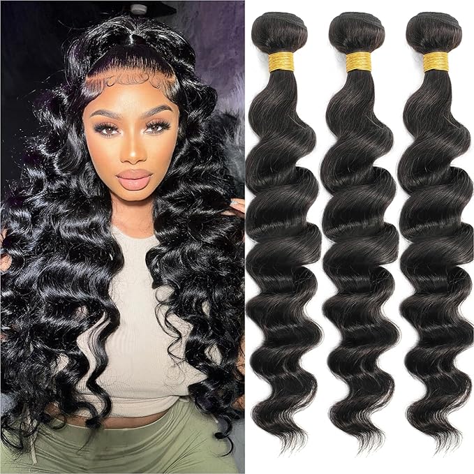 12A Grade Brazilian Virgin Loose Wave Hair 3 Bundles 14" 16" 18" 300g 100% Unprocessed Virgin Brazilian Remy Loose Deep Wave Human Hair Weave Bundles for Black Women Natural Color