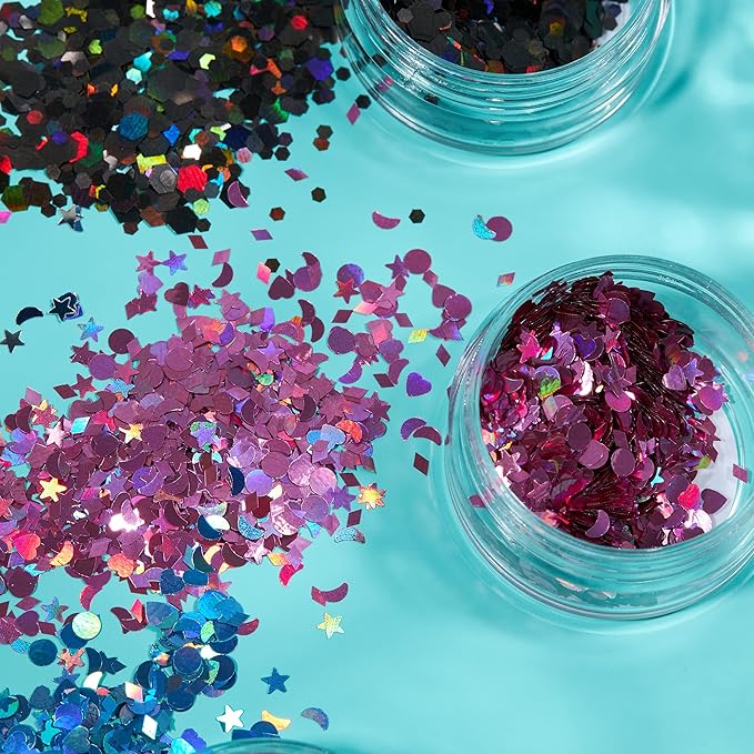Holographic Glitter Shapes by Moon Glitter – 100% Cosmetic Glitter for Face, Body, Nails, Hair and Lips - 0.10oz - Set of 8 colours