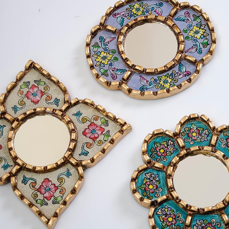 Small Accent Wall Mirror set of 3 - Decorative Vintage mirrors of 6" for wall decor, Peruvian Mirrors Vanity with bronze leaf 'Miraflores'