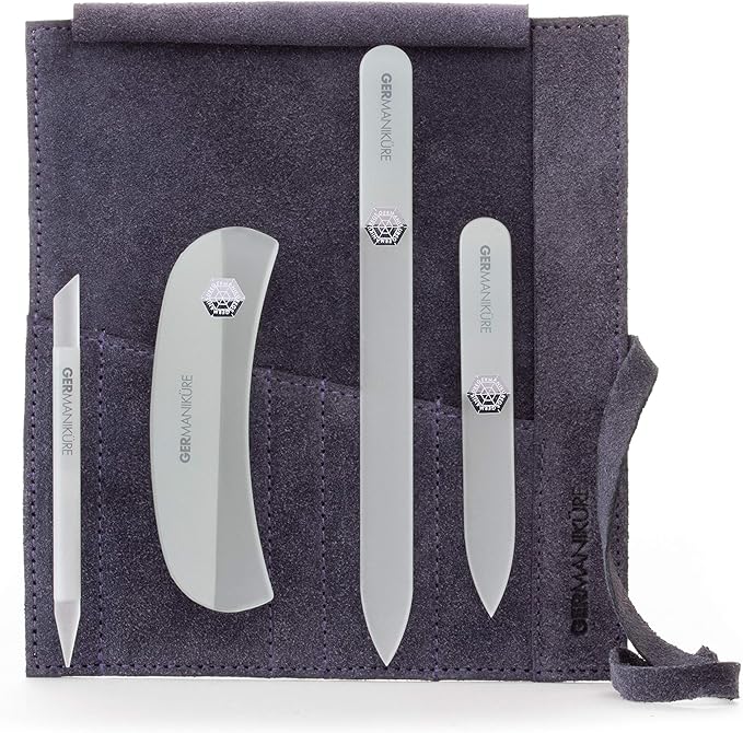 GERMANIKURE Crystal Glass Nail File Set in Purple Suede Case – Handmade in Czech Republic – Professional Manicure & Pedicure Supplies – Glass Cuticle Stick, Pusher, Moon File