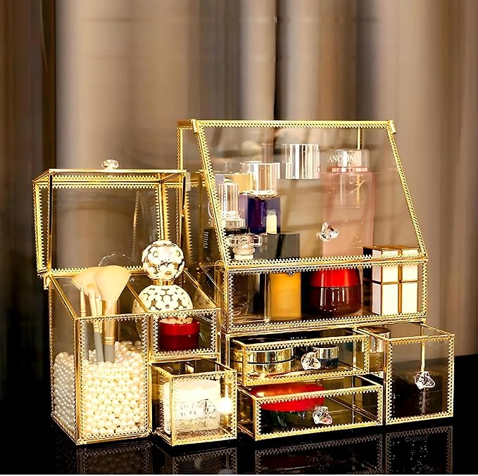 CONHENCI Large Glass Makeup Organizer Drawer Set Beauty Storage Bathroom Counter Organizer Cosmetic Display (11.5inx8.5inx5.5in)
