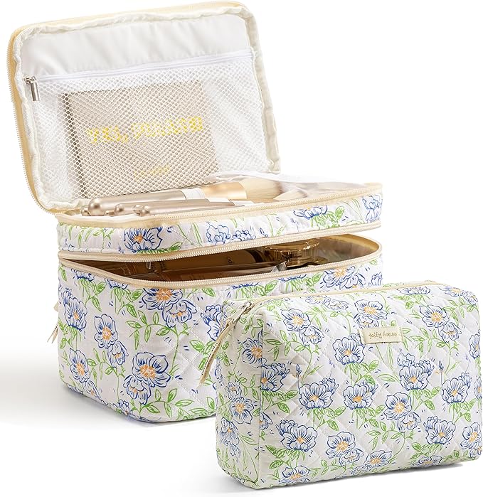 HBselect 2Pcs Travel Makeup Bag, Large Cotton Quilted Makeup Bag Cosmetic Bag Cute Make up Bag Toiletry Bags for Women Girls