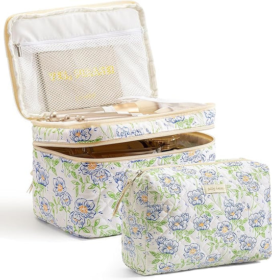 HBselect 2Pcs Travel Makeup Bag, Large Cotton Quilted Makeup Bag Cosmetic Bag Cute Make up Bag Toiletry Bags for Women Girls