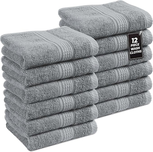 LANE LINEN Wash Cloths Set of 12- Spa & Salon Quality - 100% Ring Spun Cotton Face Towels - Soft & Ultra Absorbent Washcloths for Body, Beauty, Home, Gym - Fingertip Towels Set - 13"x13", Cool Grey
