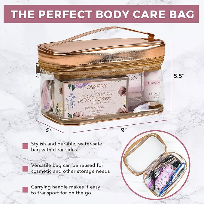 Mothers Day Gifts Bath and Body Gift Basket For Women, Cherry Blossom Home Spa Set, Body Lotion, Shower Gel, Extra Large Bath Bomb, Body Butter, Body Scrub, Bath Crystal, Puff & Rose Gold Cosmetic Bag
