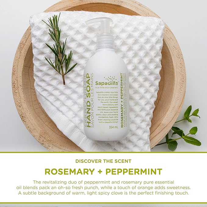 Sapadilla Liquid Hand Soap - Rosemary + Peppermint - Made with 100% Pure Essential Oil Blends, Cleansing & Moisturizing, Aromatic & Fragrant Hand Soap, Plant Based, Biodegradable, 12 Ounce (Pack of 4)
