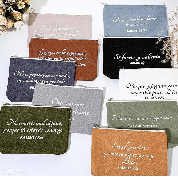 20 Pcs Christian Gifts for Women Religious Makeup Bags Cosmetic Inspirational Bible Verse Pencil Pouch with Zipper Mothers Day Thank You Church Gift Mom Travel Employee(Neutral,Spanish)