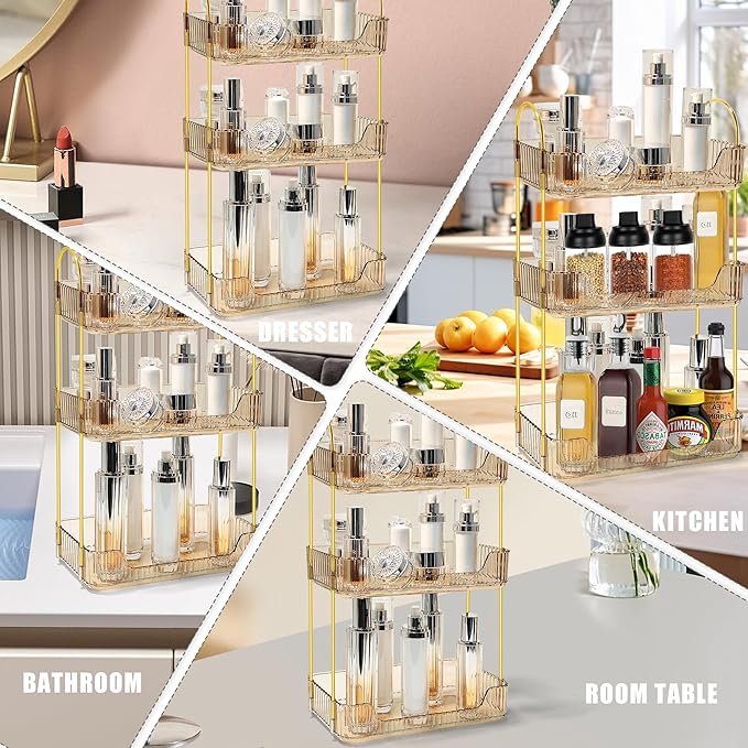 Bathroom Counter Organizer Countertop Storage Skincare Countertop Makeup Organizer Cosmetics Skincare Organizers Holder for Perfume-Amber-Golden Pole-3 Tier