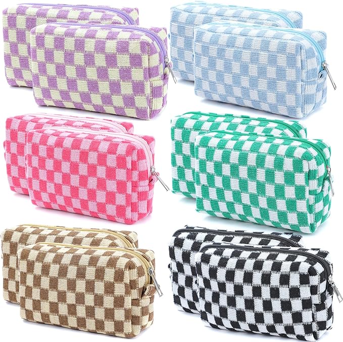 12 PCS Checkered Makeup Bag Cosmetic Bag for Women Checkered Pouch Plaid Makeup Bag for Women Large Capacity Pencil Case Makeup Brushes Storage Bag Travel Toiletry Bag Organizer