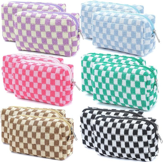 12 PCS Checkered Makeup Bag Cosmetic Bag for Women Checkered Pouch Plaid Makeup Bag for Women Large Capacity Pencil Case Makeup Brushes Storage Bag Travel Toiletry Bag Organizer