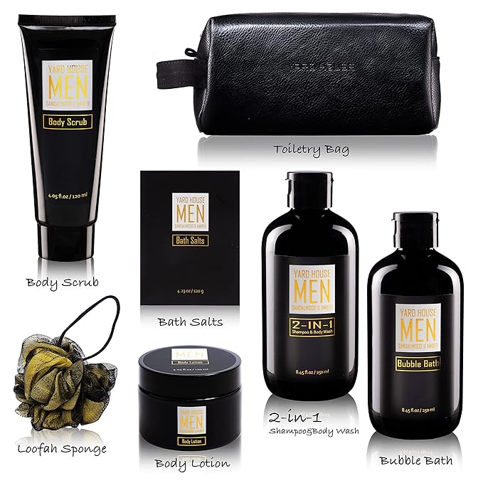 Bath and Body Spa Gift Baskets Set for Men - Sandalwood Amber - 7Pc Spa Kit w. Full Size Items in Leather Toiletry Bag - Fathers Day Birthday Gifts For Husband, Dad From Wife, Daughter Son
