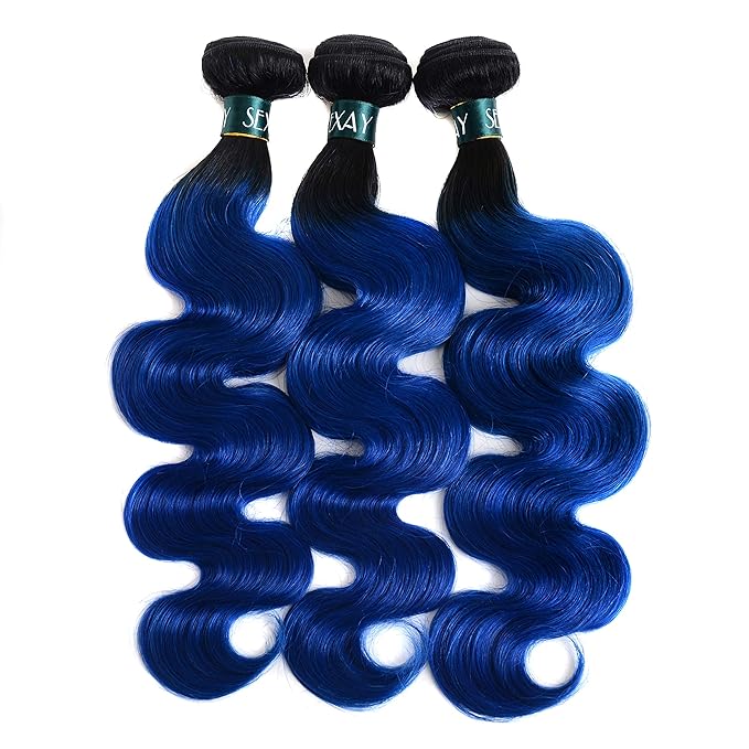 Ombre Bundles 1B/Bule Hair Brazilian Remy Human Hair 1b/Blue Bundles Body Wave Human Hair Bundles, 2 Tone Ombre Hair 3 Bundles Hair (16" 18" 20", Body 1B/Blue)