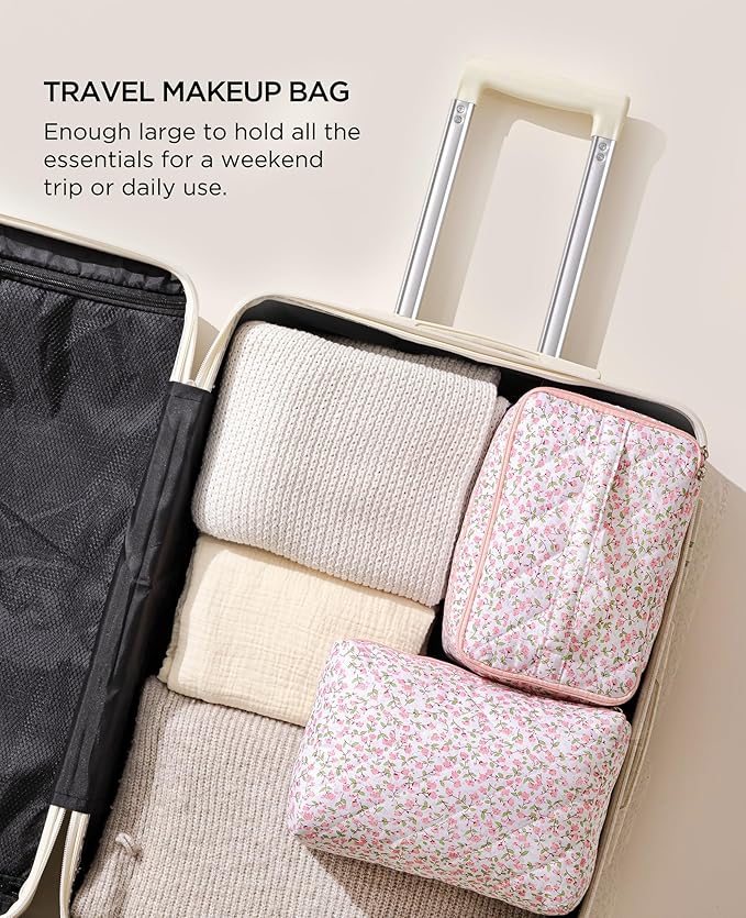 HBselect 2Pcs Travel Makeup Bag, Large Cotton Quilted Makeup Bag Cosmetic Bag Cute Make up Bag Toiletry Bags for Women Girls