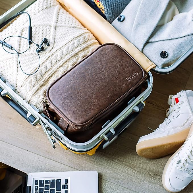 Elviros Toiletry Bag for Men, Large Travel Shaving Dopp Kit Water-resistant Bathroom Toiletries Organizer PU Leather Cosmetic Bags (Medium, Chocolate)