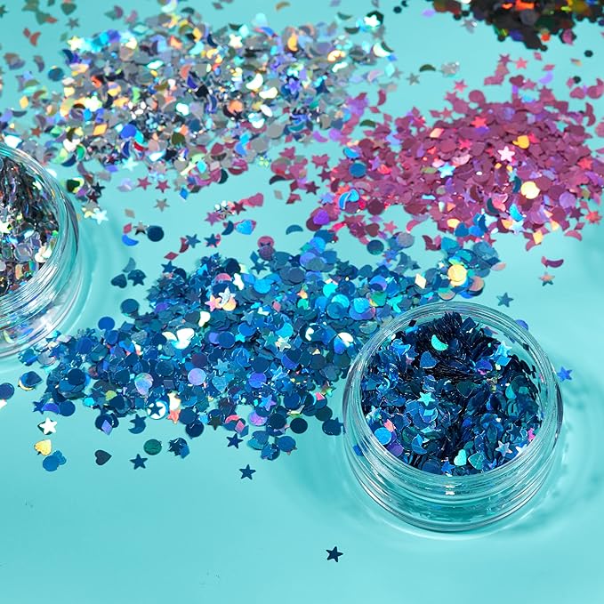 Holographic Glitter Shapes by Moon Glitter – 100% Cosmetic Glitter for Face, Body, Nails, Hair and Lips - 0.10oz - Set of 5 colours