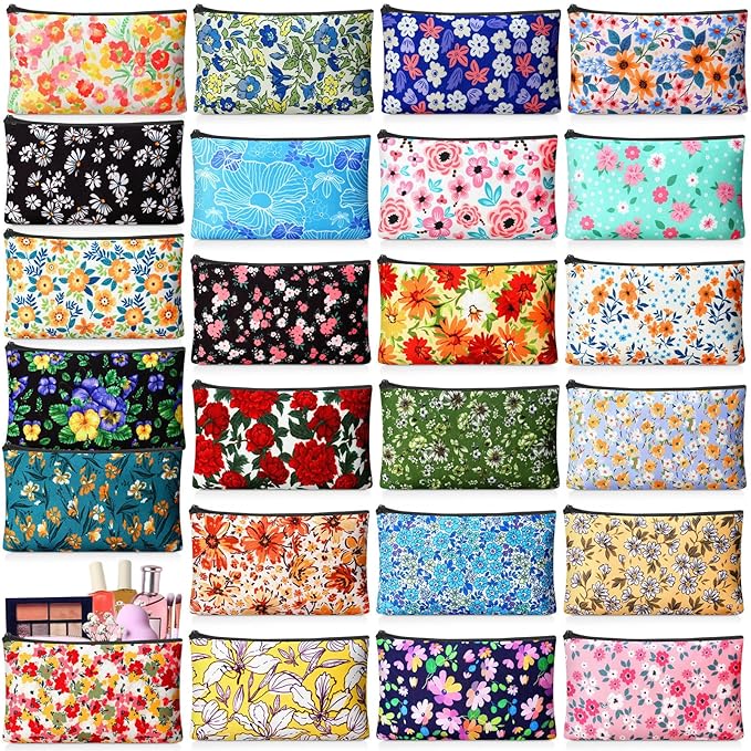 24 Pieces Makeup Bags Bulk Canvas Cosmetic Bags Purse Organizer Zipper Cosmetic Pouch Portable Travel Toiletry Pouch for Women Men Gifts, 7 x 4 Inch (Flower)