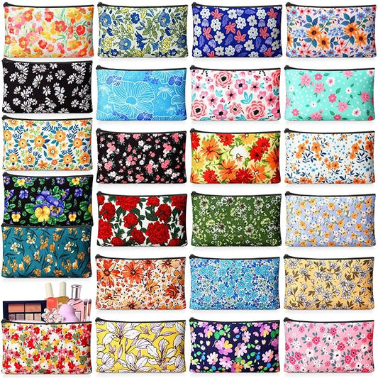24 Pieces Makeup Bags Bulk Canvas Cosmetic Bags Purse Organizer Zipper Cosmetic Pouch Portable Travel Toiletry Pouch for Women Men Gifts, 7 x 4 Inch (Flower)