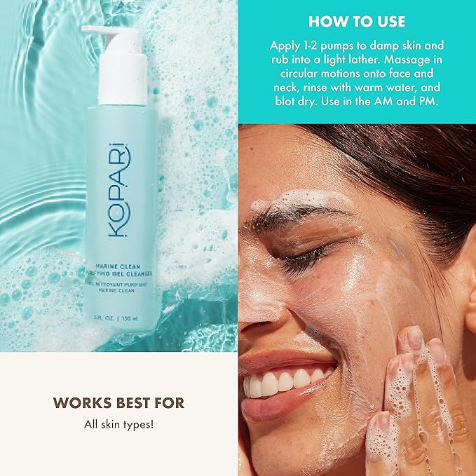 Kopari Marine Clean Purifying Gel Cleanser, Infused with Amino Acids & Vitamin B5, Dual-Action Gel-to-Foam Cleanser, Gentle and Nourishing, 5 oz