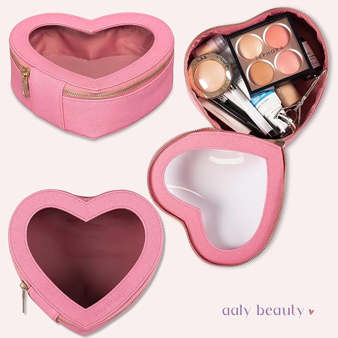 Heart Makeup Bag – Pink Heart Cosmetic Bag with Clear Cover – Gift Ideas for Women, Mom, Girlfriends, Her - Large Capacity for Full Size Makeup, Skincare and Brushes