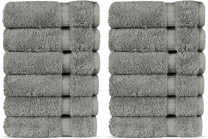 Chakir Turkish Linens 100% Turkish Cotton Luxury Hotel & Spa Washcloth Set (Set of 12, Gray)