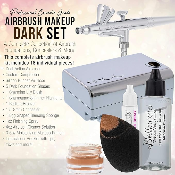 Belloccio Professional Beauty Airbrush Cosmetic Makeup System with 5 Dark Shades of Foundation in 1/4 oz Bottles - Kit includes Blush, Bronzer and Highlighters