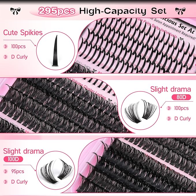 Lash Clusters With Spikes Eyelash Extensions 295Pcs DIY Salon-Level Spiky Lashes Cluster Individuals 80D 100D Cluster Eyelash Extensions D Curl 12-20MM