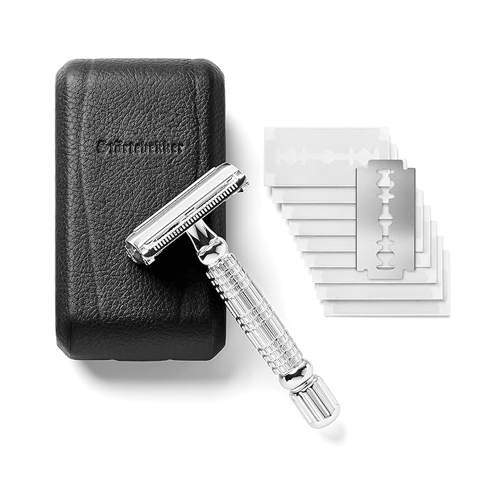 Störtebekker® Premium Men's Safety Razor ‘Hamburg’ - incl. handmade leather case with built-in mirror, 10 Störtebekker blades & shaving guide - First Class Wet Razor shaving set - Gift Idea for Men