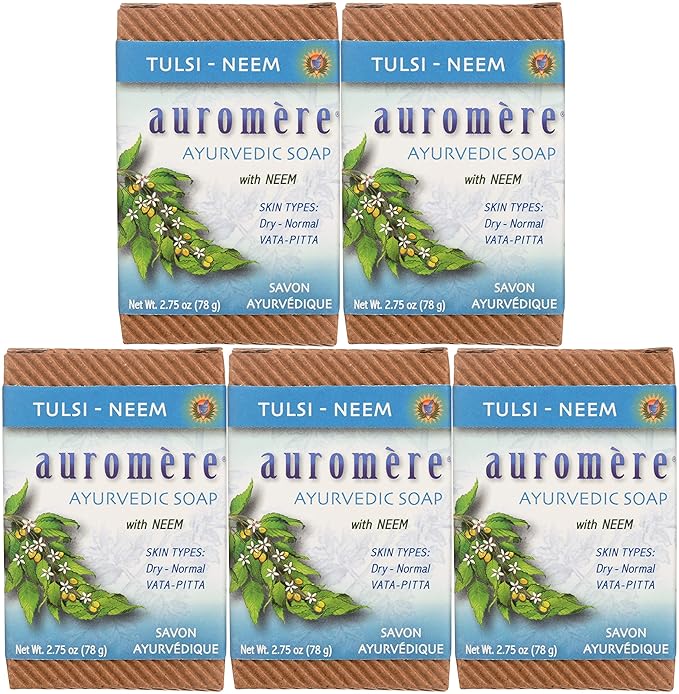 Auromere Ayurvedic Bar Soap, Tulsi Neem - Eco Friendly, Handmade, Vegan, Cruelty Free, Natural, Non GMO (2.75 oz), 5 pack