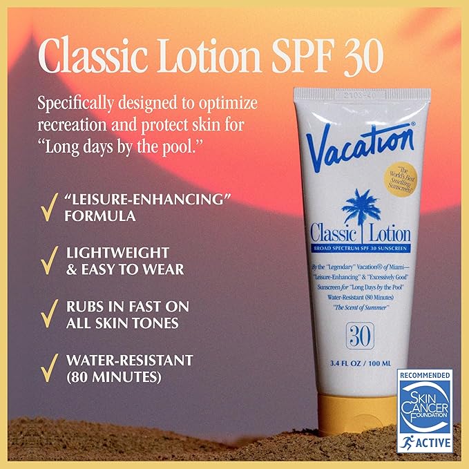 Vacation Classic Sunscreen Lotion SPF 30 & Air Freshener Bundle, Water-Resistant, Lightweight, Transparent on All Skin Tones, Dermatologist-Tested, Vegan, Travel Size, 3.4 Fl. Oz.
