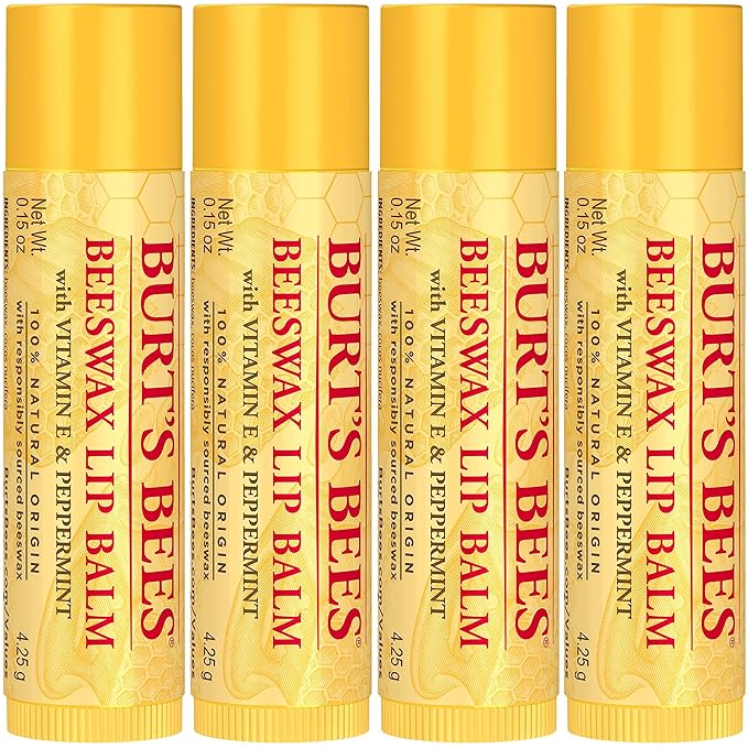 Burt's Bees Beeswax Lip Balm, Lip Moisturizer With Responsibly Sourced Beeswax, Tint-Free, Natural Conditioning Lip Treatment, 4 Tubes, 0.15 oz.